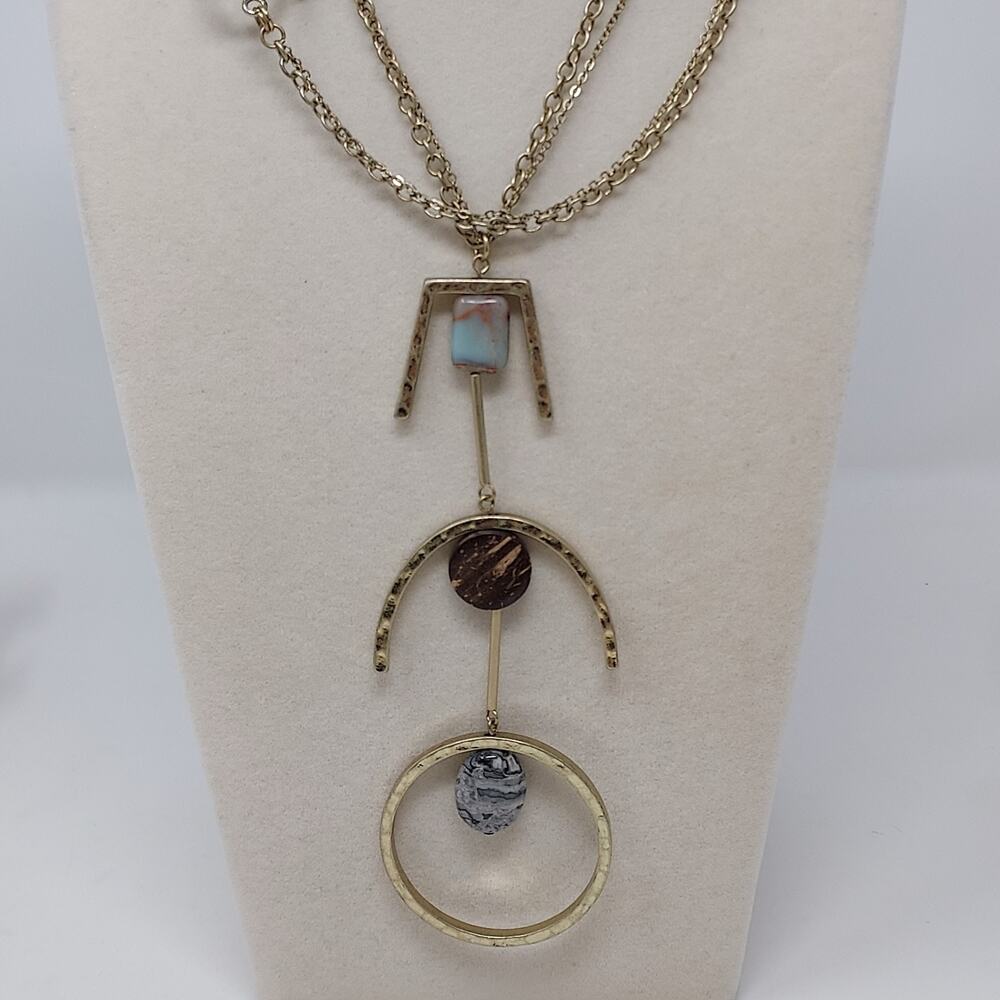 Modernist Geometric Triple 5" Pendant Necklace Brass Gemstone Organic 30" Chain